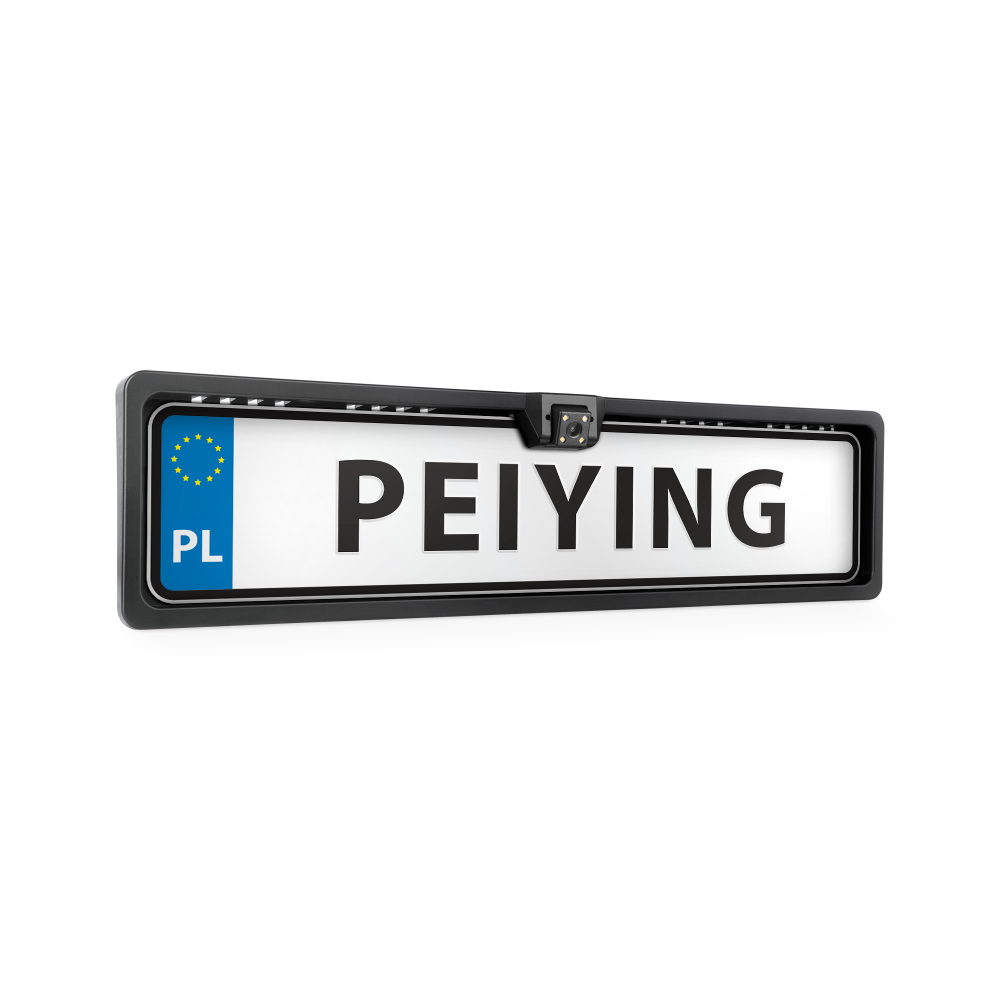 Bilbakaamera i en ram av registreringsskylten från Peiying
