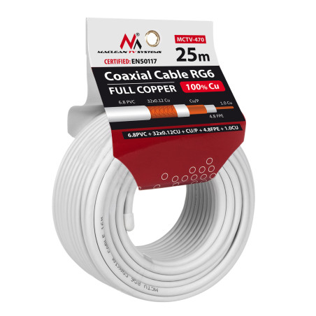 Koaxialkabel Maclean, Satellitantennkabel, RG6 1.02CU+4.8FPE+CU/P+32*0.12CU+6.8PVC, 25M, MCTV-470