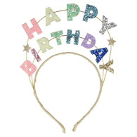 Hårband med texten 'happy birthday' i glittrande färger.