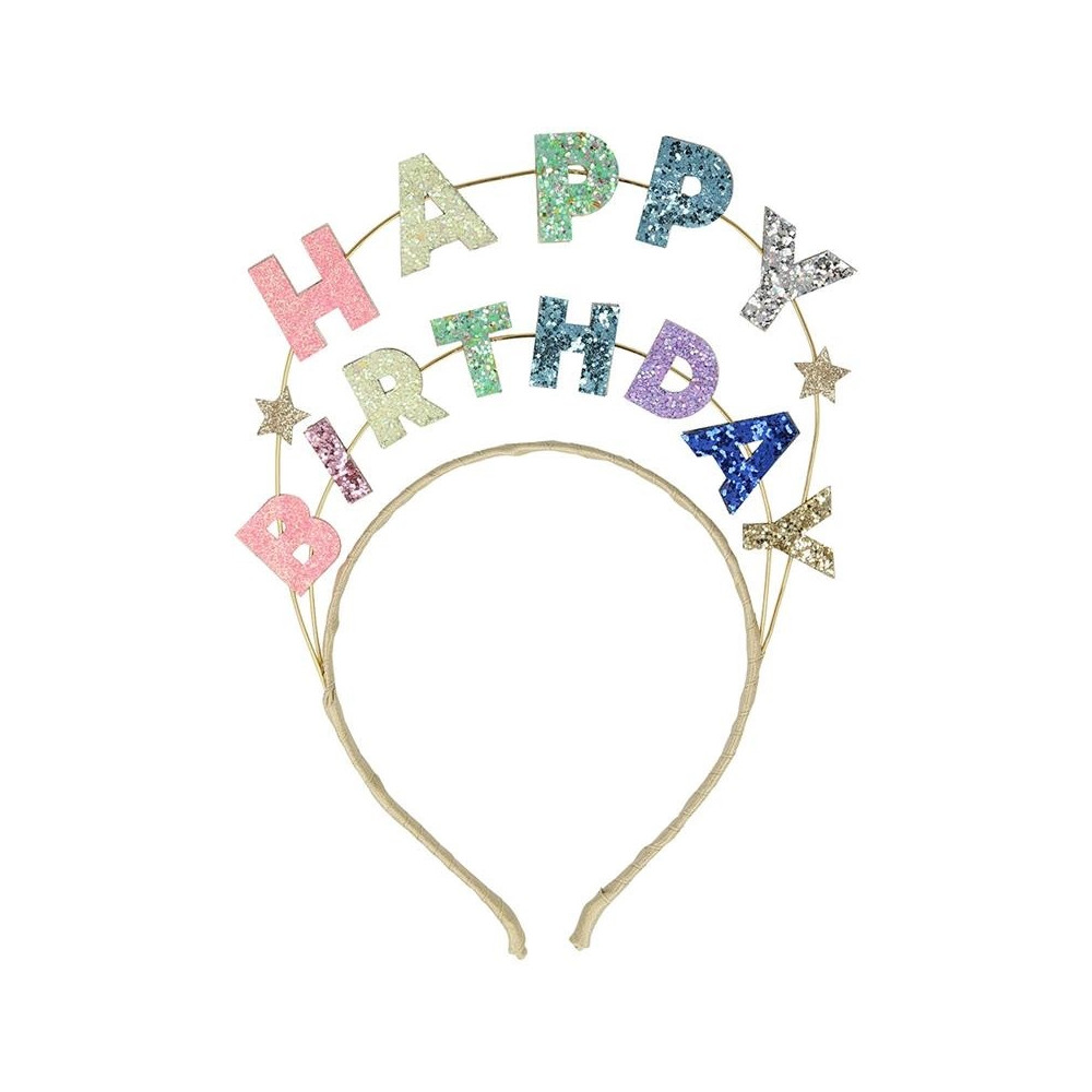 Hårband med texten 'happy birthday' i glittrande färger. Hårband med texten 'happy birthday' i glittrande färger.
