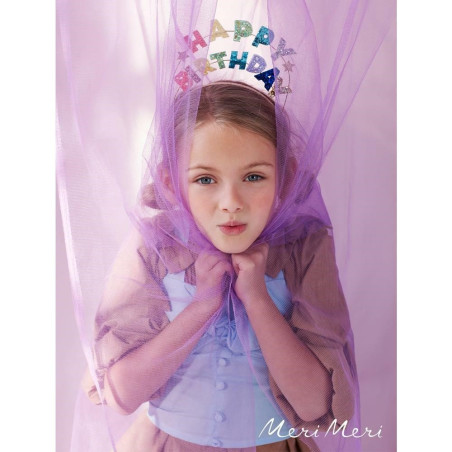 Hårband med texten 'happy birthday' i glittrande färger.
