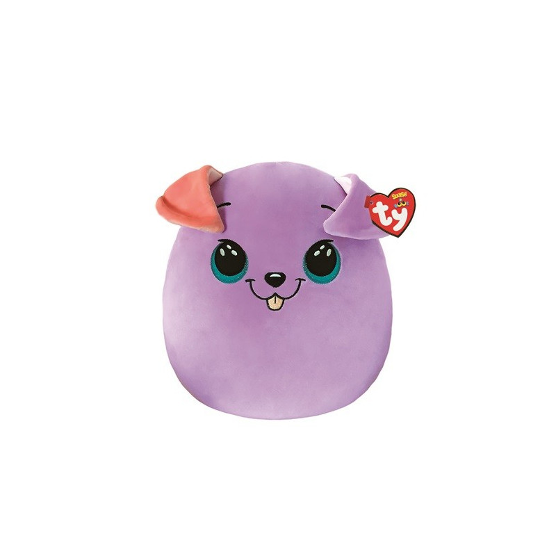 Maskotkudden är en squishy hund i lila färg, 22 cm lång.