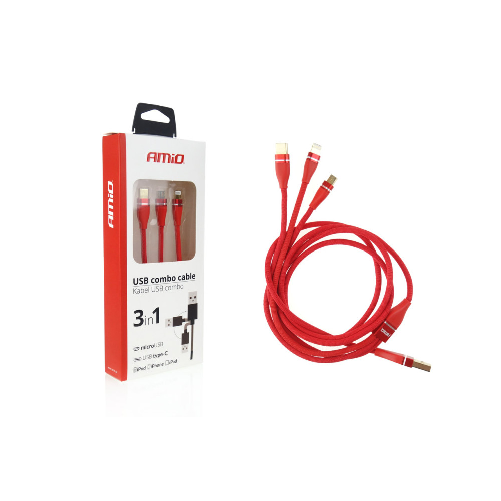 USB 3-i-1-kabel lightning usb-c micro usb 1,2 m 3,1a uc-7 amio-02178
