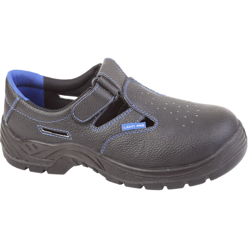 Svarta-ljusblå lädersandaler, stl 43, med remmar över foten, bekväma och lätta.