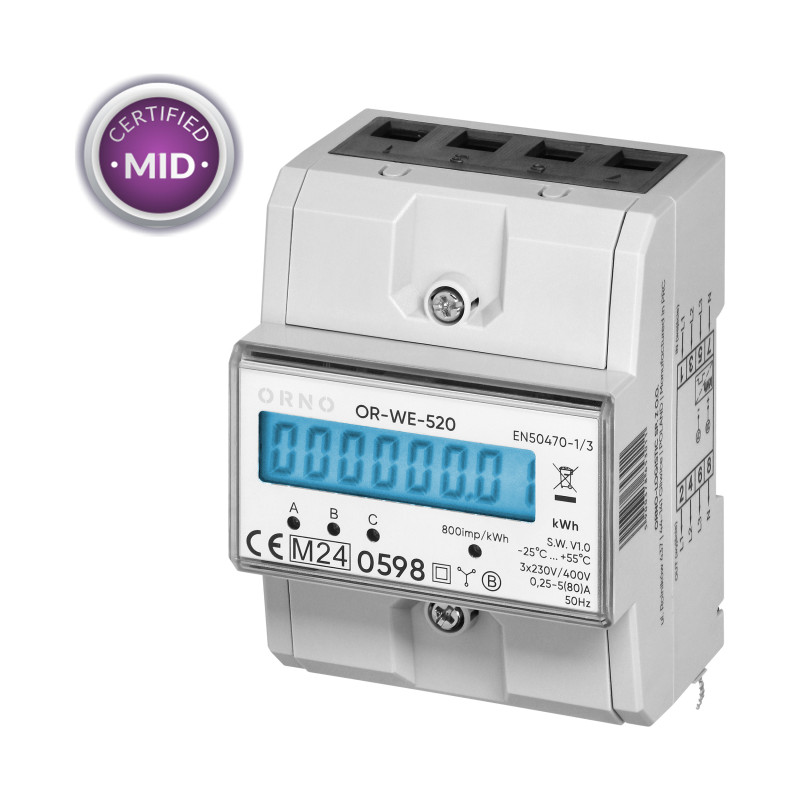 3-fas elmätare, 80A, MID, 3 moduler, DIN TH-35mm