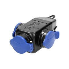 Grenuttagsspruta med stänkskydd och stöttålig, IP44, 3 uttag 2P+Z, 16A, 230V AC.