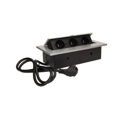 Möbeluttag infällt i bänkskivan med tjock kant 3x2P+Z, kabel 1,5m 3x1,5mm², silver