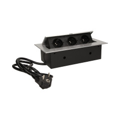 Möbeluttag infällt i bänkskivan med platt kant 3x2P+Z, kabel 1,5m 3x1,5mm², silverfärgad