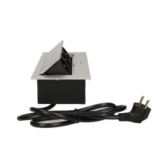 Möbeluttag infällt i bänkskivan med platt kant 3x2P+Z, kabel 1,5m 3x1,5mm², silverfärgad