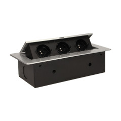 Möbeluttag infällt i bordsskiva med platt fräst kant, 3x2P+Z, silver