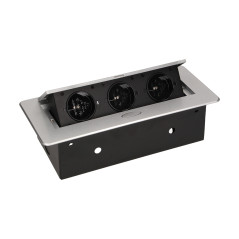 Möbeluttag infällt i bordsskiva med platt fräst kant, 3x2P+Z, silver