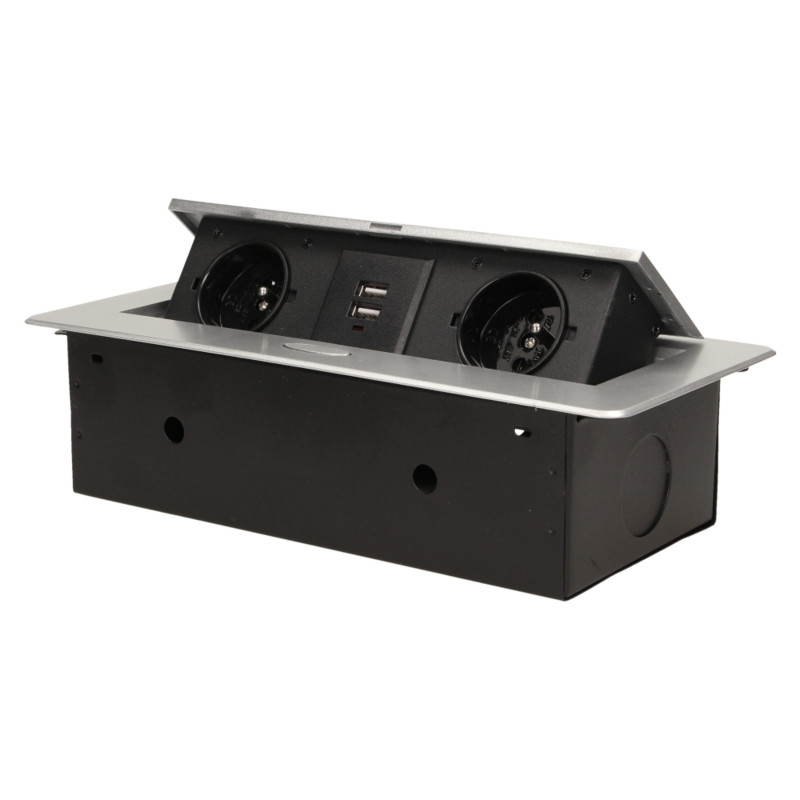 Möbeluttag infällt i bordsskiva med platt fräst kant och USB-laddare, 2x2P+Z, 2xUSB, silver