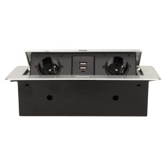 Möbeluttag infällt i bordsskiva med platt fräst kant och USB-laddare, 2x2P+Z, 2xUSB, silver