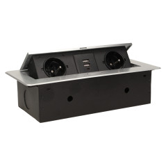 Möbeluttag infällt i bordsskiva med platt fräst kant och USB-laddare, 2x2P+Z, 2xUSB, silver