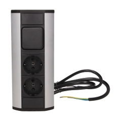 Möbeluttag 2x2P+Z med strömbrytare, Schuko, svart-silver