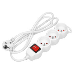 Förlängningssladd 3-vägs 2P+Z, med strömbrytare, 5m H05VV-F 3x1,0mm², Imax-10A, vit