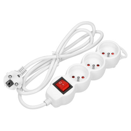 Förlängningssladd 3-vägs 2P+Z, med strömbrytare, 5m H05VV-F 3x1,0mm², Imax-10A, vit