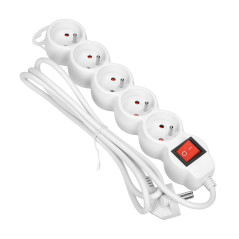 Förlängningssladd 5-vägs 2P+Z, med strömbrytare, 5m H05VV-F 3x1,0mm², Imax-10A, vit