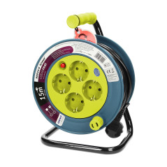 Förlängningssladd MINI, 4 uttag 2P+Z, metallstativ, polwinit H05VV-F 3x1mm?, längd 15m, limegrön, Schuko-version.