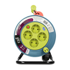 Förlängningssladd MINI, 4 uttag 2P+Z, metallstativ, polwinit H05VV-F 3x1mm?, längd 15m, limegrön, Schuko-version.