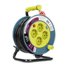 Förlängningssladd MINI, 4 uttag 2P+Z, metallstativ, polwinit H05VV-F 3x1mm?, längd 15m, limegrön, Schuko-version.