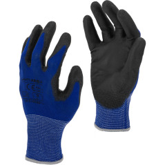 Handskar i blått och svart PU-material, storlek L231011P, kort, '11', CE, Lahti