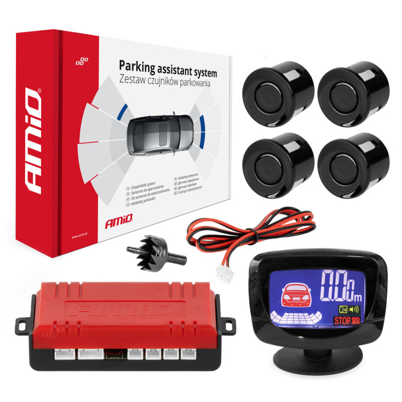 Parkeringssensorset backsensorer LED-graf 4 sensorer svarta amio-01562