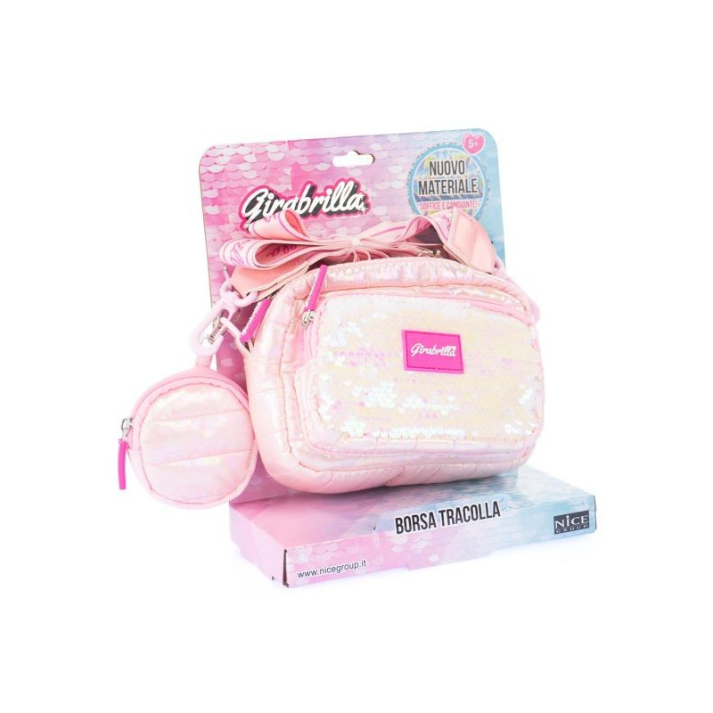 Väskan är ljusrosa och glittrande.