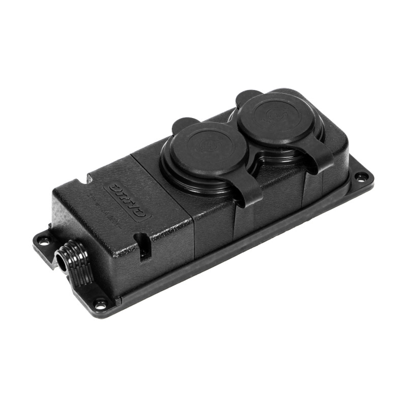 Förgreningsdosa med stänkskydd och stöttålig, IP44, 2 uttag 2P+Z, 16A, 230V AC, gummi, icke brandfarlig, Schuko-version.