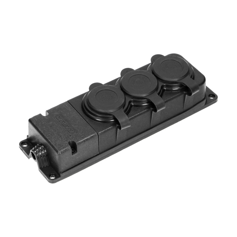 Förgreningsdosa med stänkskydd och stöttålig, IP44, 3 uttag 2P+Z, 16A, 230V AC, gummi, icke brandfarlig, Schuko-version.