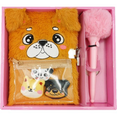 Dagbok med en plyschhund och penna