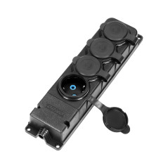 Förgreningsdosa med stänkskydd och stötsäker, IP44, 4 uttag 2P+Z, 16A, 230V AC, gummi, icke-brandfarlig, Schuko-version.