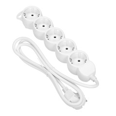 Förlängningssladd 5-vägs 2P+Z (schuko), 1,5m H05VV-F 3x1,0mm², Imax-10A, vit