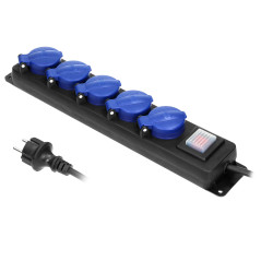 Förlängningssladd för verkstad med stänkskydd och strömbrytare, 5 uttag 2P+Z (schuko), IP44, gummikabel, H05RR-F 3x1,5mm², längd