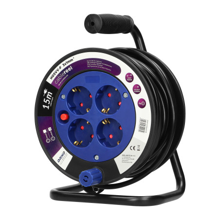 Förlängningssladd MINI, 4 uttag 2P+Z (schuko), metallställ, polyvinylklorid H05VV-F 3x1mm² - 15m