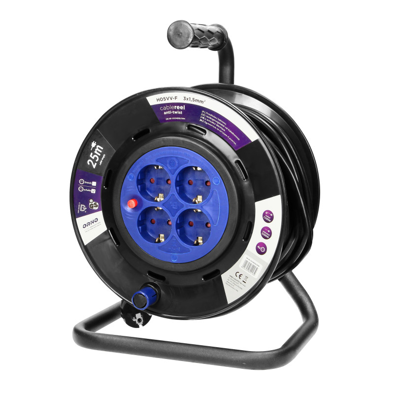 Förlängningssladd, 4 uttag 2P+Z (schuko), kabel PVC H05VV-F 3x1,5mm², längd - 25m, FASTA UTTAG, termisk, spårskydd.