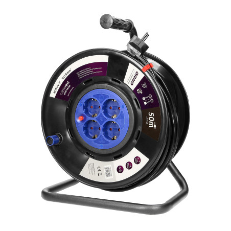 Förlängningssladd med 4 uttag 2P+Z (Schuko), PVC-kabel H05VV-F 3x1,5mm², längd - 50m, FASTA UTTAG, termisk, spårskydd.