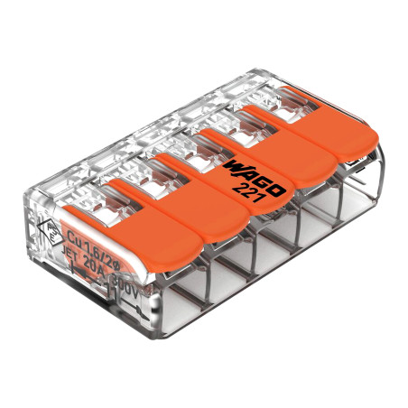Anslutningsklämma Wago 5-polig, modell: 221-415, från 0,20-4,00mm2, 5 st.