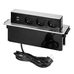 Möbeluttag med utdragbart uttag från bordsskivan med platt fräst kant, USB-laddare och 2m kabel, 3 uttag av typ E, 2 x USB (2,4A