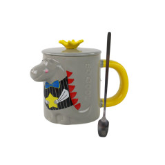 Keramikmugg med lock, grå dinosaurie, 400 ml