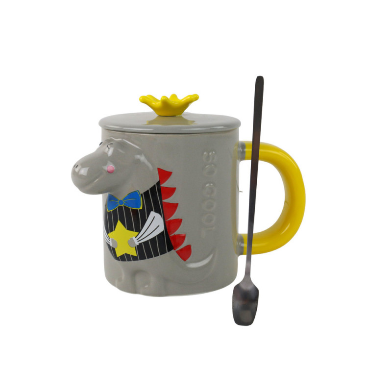 Keramikmugg med lock, grå dinosaurie, 400 ml