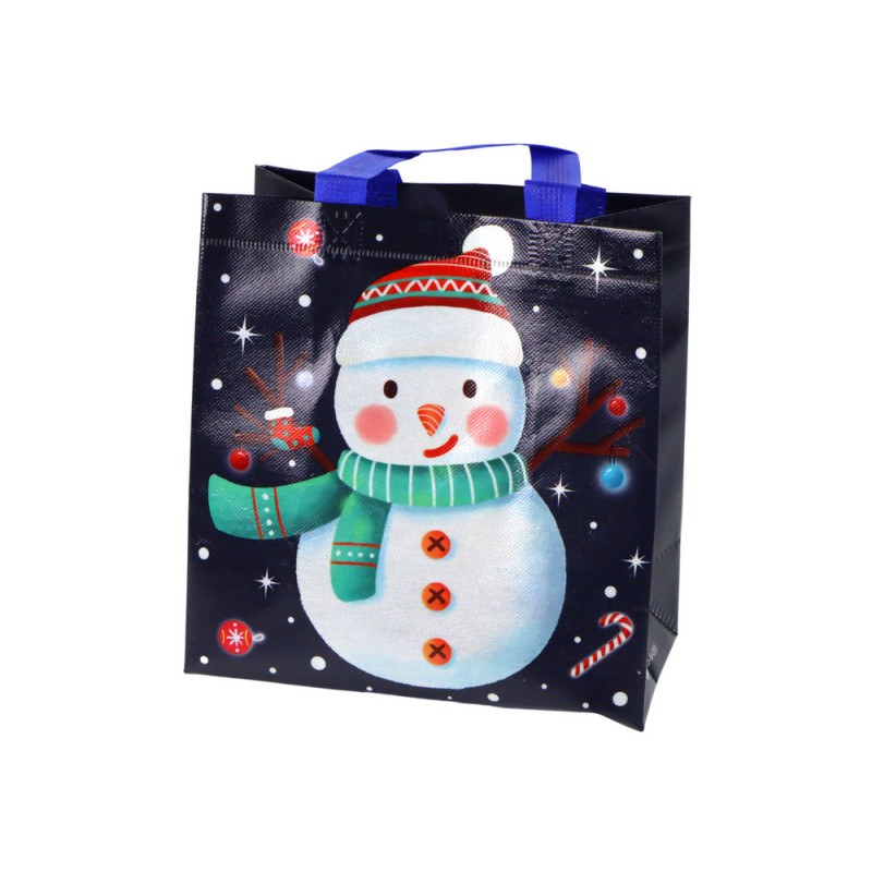 Presentpåse i mörk färg med snögubbsmotiv 23cm x 21,5cm x 11cm