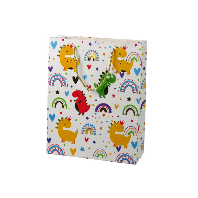 Presentpåse Färgglada Dinosaurier Regnbåge 32 cm x 26 cm x 10 cm