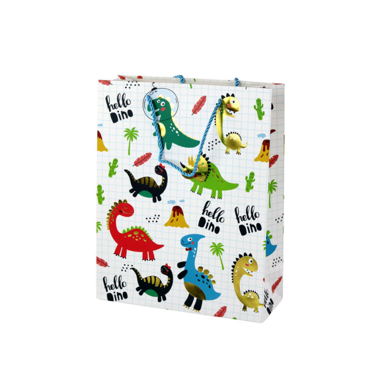 Papperspåse Present Vit Rutig Dinosaurier 32 cm x 26 cm x 10 cm