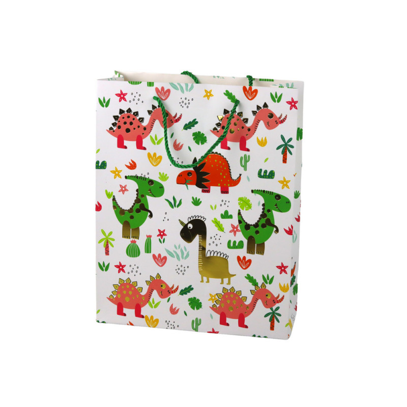 Papperspåse Presentfärgglada dinosaurier palmer 32 cm x 26 cm x 10 cm
