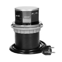 Möbeluttag med 10 cm utdragbart från bordet med USB-laddare och 1,5 m kabel, 3x2P+Z, 2xUSB, rostfritt stål, schuko |…