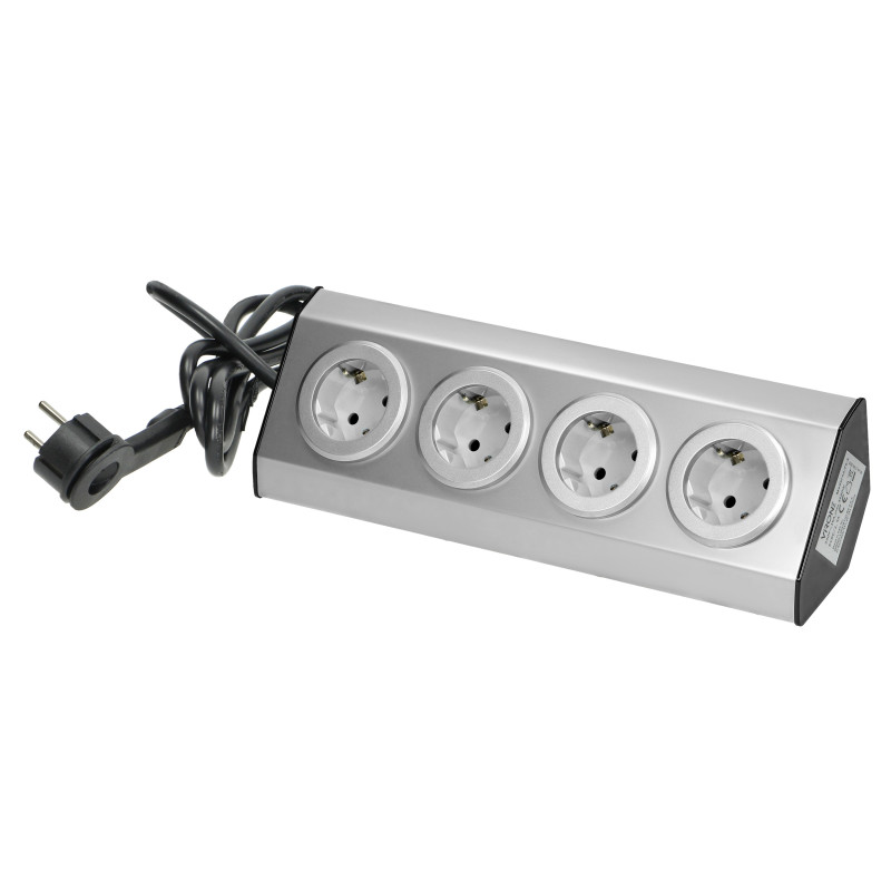 Möbeluttag, köksmonterad med kardborreband 4x2P+Z schuko, INOX med 1,5m kabel.