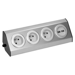 Möbeluttag, köksmonterad med kardborreband, med USB-laddare - 3x2P+Z, 2xUSB, INOX.