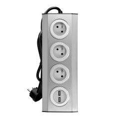 Möbeluttag med köksuttag och USB-laddare, monterad med kardborreband med 1,5m kabel - 3x2P+Z, 2xUSB, rostfritt stål med 1,5m kab