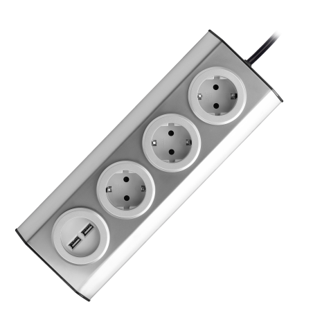 Möbeluttag med köksuttag och USB-laddare, monterad med kardborreband med 1,5 m kabel - 3x2P+Z schuko, 2xUSB, rostfritt stål med 